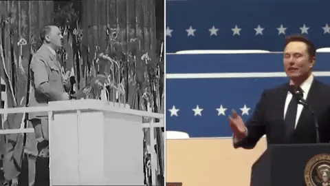 This meme juxtaposes two rows of images: the top row shows a black-and-white photo of Adolf Hitler giving a speech at a…