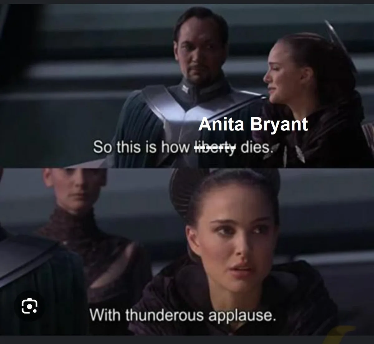 The image is a two-panel meme from the movie 'Star Wars: Episode II - Attack of the Clones'. The top panel shows Padmé…