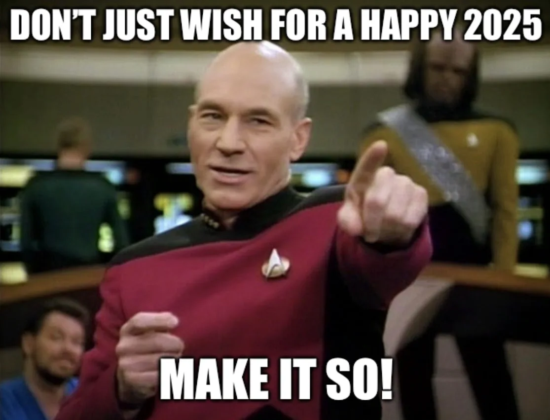 A bald man in a red Starfleet uniform points directly at the viewer with a determined expression, overlaid with bold white…