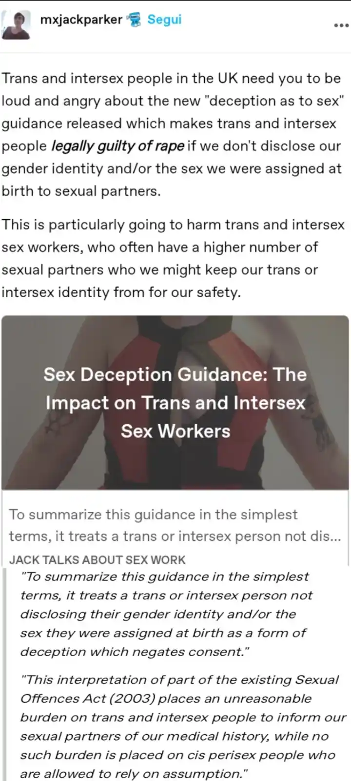 A screenshot of a social media post by mxjackparker about UK legal guidance that makes trans and intersex people legally…
