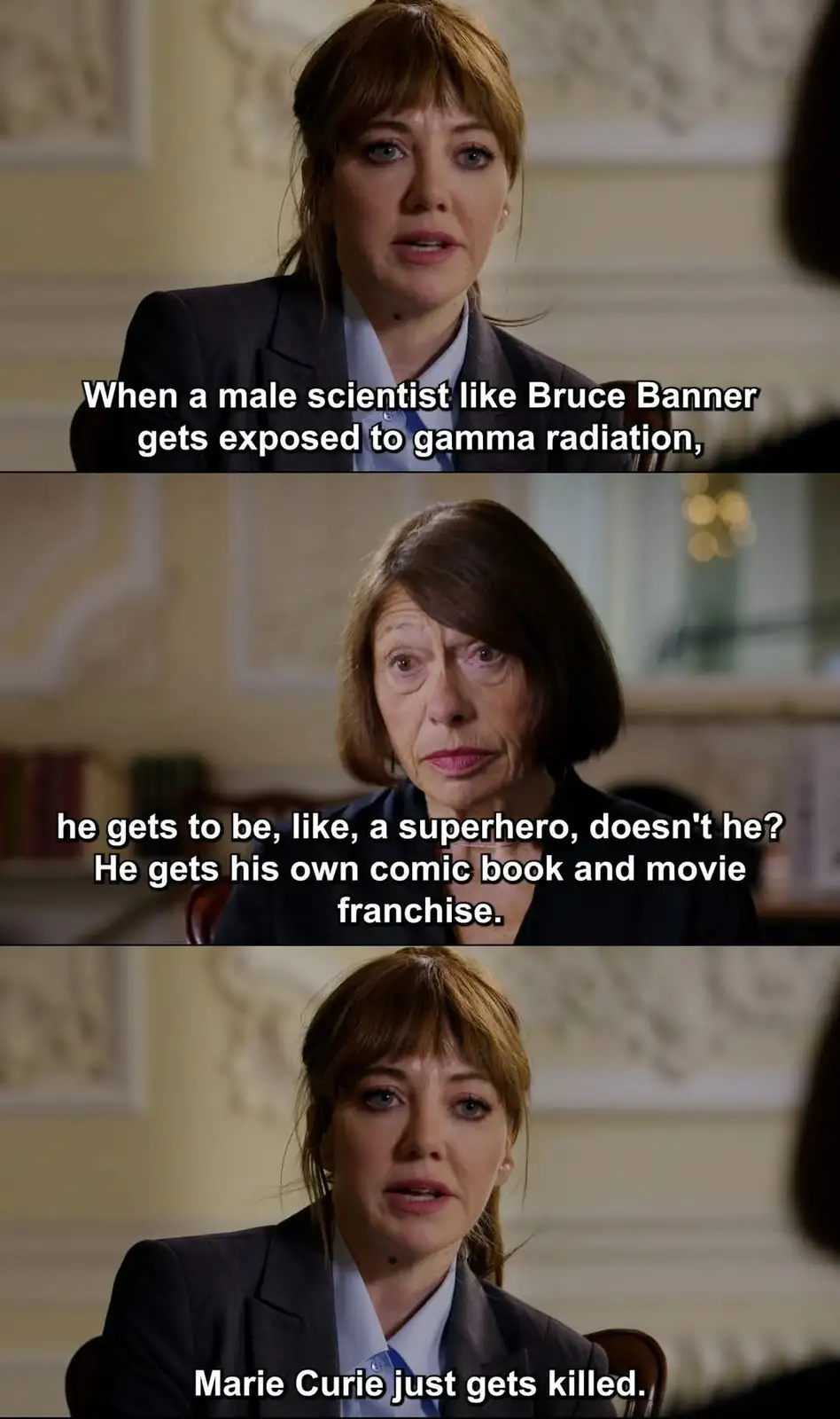 This three-panel meme features actress Anna Chlumsky as a character in a formal setting, reacting to a question about gender…