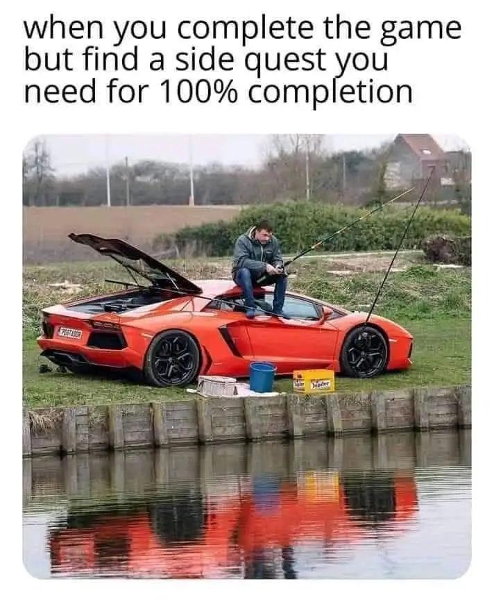 A man sits on the hood of a bright orange Lamborghini, holding a fishing rod and casting into a canal, with a bucket and a…