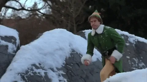 A six-panel sequence from the movie 'Elf' shows Buddy the Elf running through a snowy landscape, progressively getting hit…