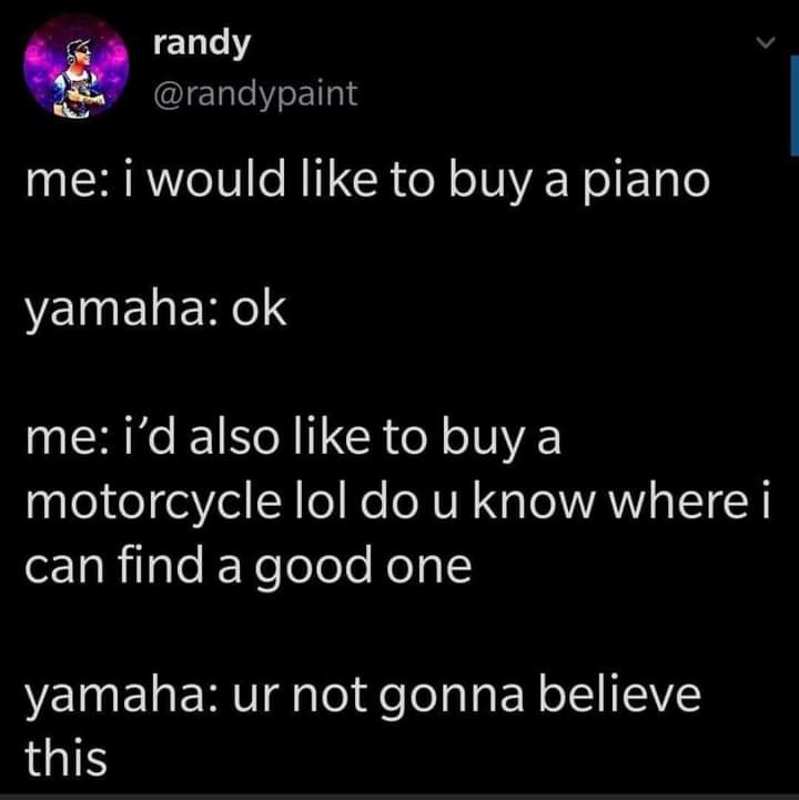 A screenshot of a Twitter/X thread by user 'randy' (@randypaint) showing a humorous exchange where the user asks Yamaha for…