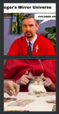 The image is a two-panel meme. The top panel shows a man in a red sweater vest and tie with a serious expression, overlaid…