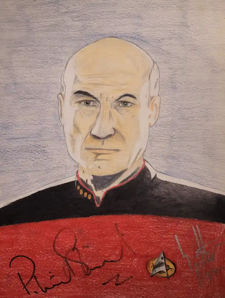 A colored pencil drawing of Captain Jean-Luc Picard from Star Trek, wearing his red command uniform with a Starfleet…