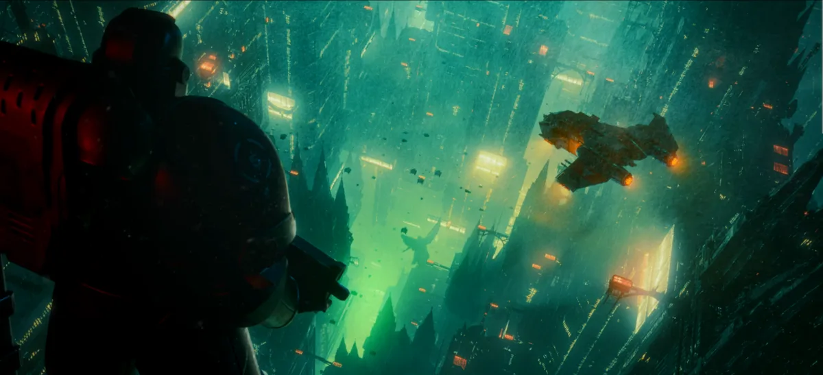 A person in dark, bulky armor stands on a high vantage point overlooking a sprawling, neon-lit futuristic cityscape with…