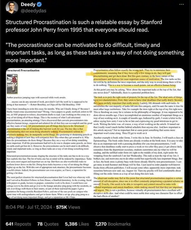 A screenshot of a tweet by Deedy (@deedydas) promoting an essay titled 'Structured Procrastination' by Stanford professor…