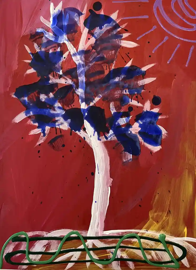 An abstract painting depicts a stylized tree with a white trunk and blue-black foliage against a red background, with a…