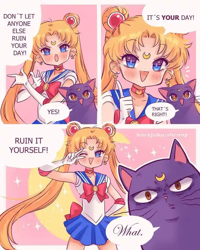 A three-panel comic featuring Sailor Moon and her black cat companion. In the first panel, Sailor Moon encourages the viewer…