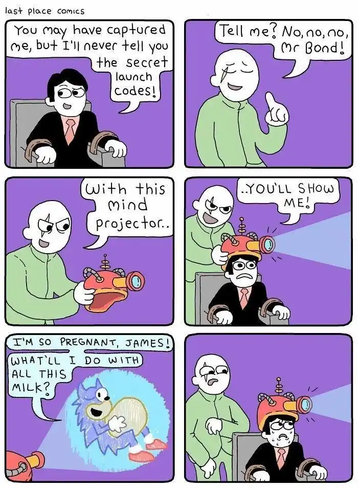 A six-panel comic strip from 'last place comics' shows a captured man in a suit refusing to reveal secrets. A bald villain…