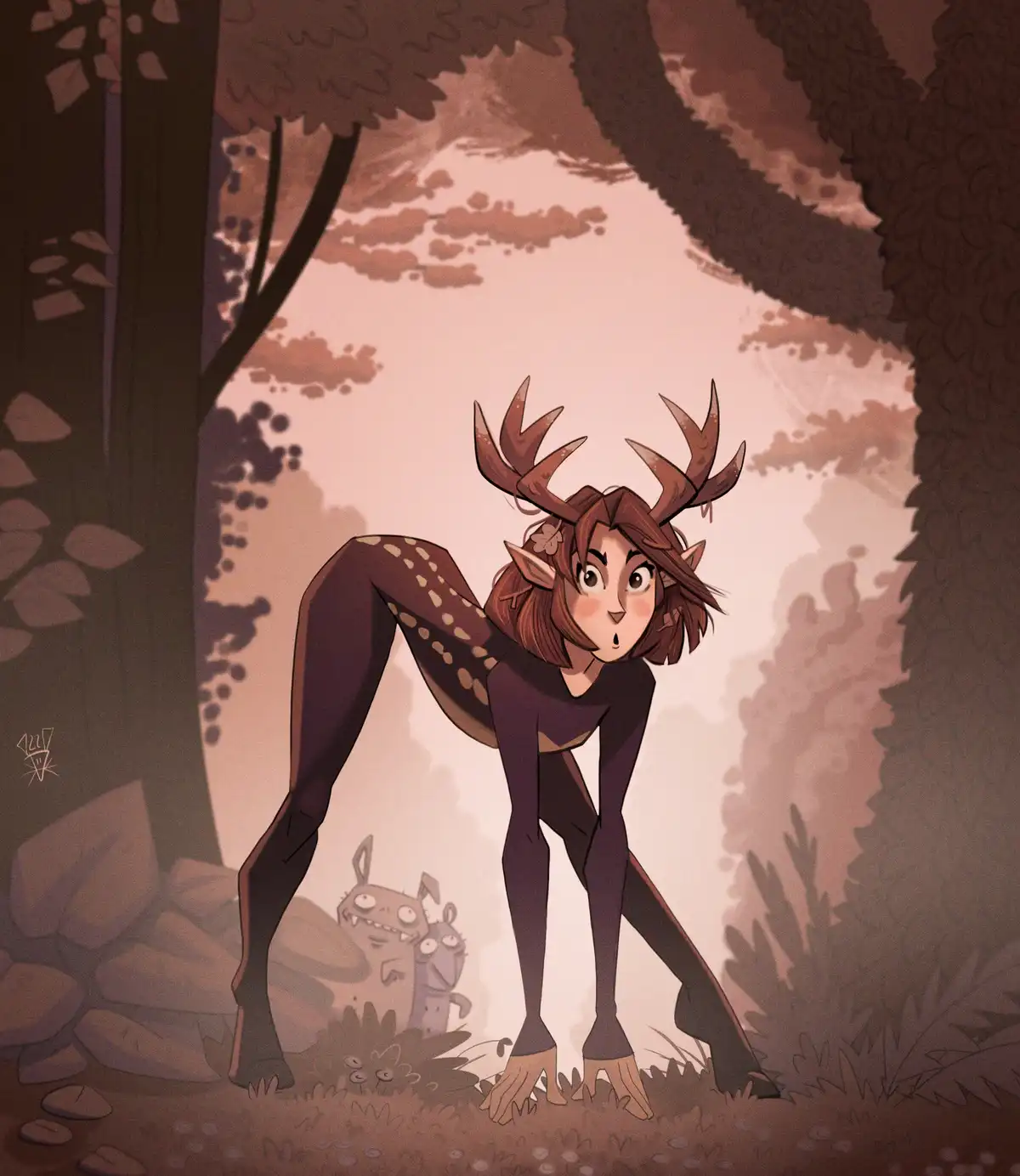 An anthropomorphic deer character with human-like features, including a face, arms, and legs, stands in a forest with a…