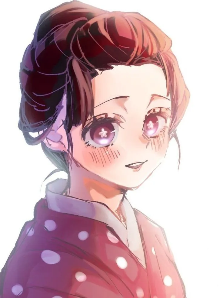 An anime-style illustration of a young woman with reddish-brown hair in a bun, wearing a red polka-dot kimono. She has…
