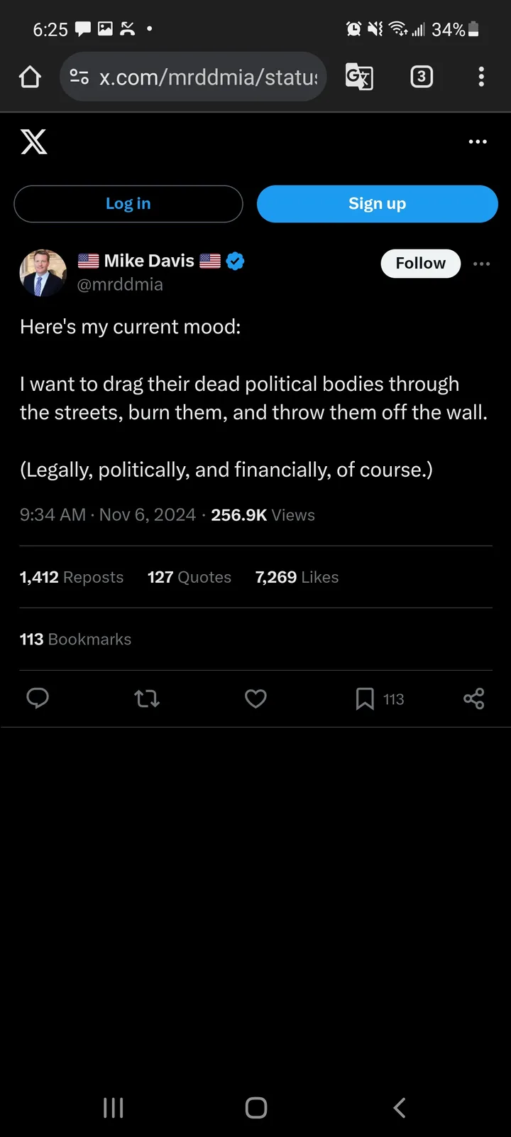 A screenshot of an X (formerly Twitter) post by user Mike Davis, who states his current mood is to drag, burn, and throw off…