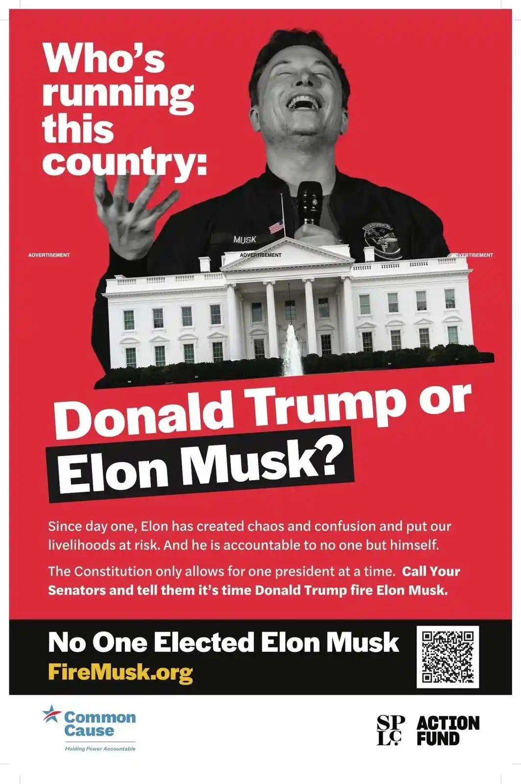 A red political-style advertisement features a black-and-white photo of Elon Musk laughing while holding a microphone, with…