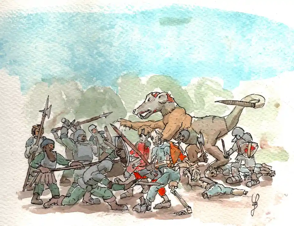 A watercolor illustration depicts a chaotic medieval battle scene where armored soldiers clash with a large, brown…