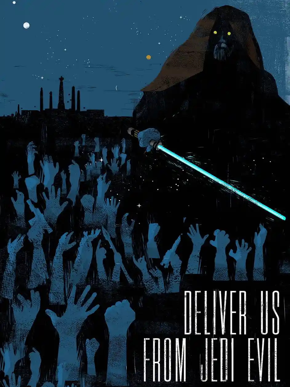 A dark, stylized illustration shows a towering, hooded figure with glowing yellow eyes and a blue lightsaber, standing over…