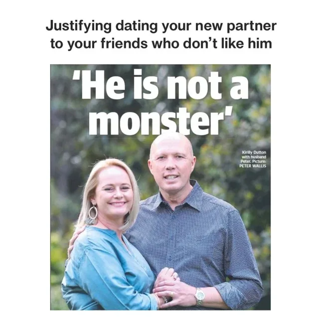 A photo of a smiling blonde woman and a bald man holding hands outdoors, overlaid with the text 'He is not a monster'. The…