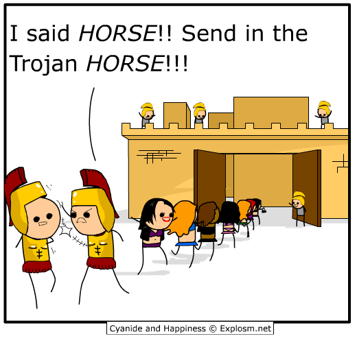 Two cartoon soldiers in yellow armor argue in front of a castle with open doors. Inside, a line of people with colorful hair…