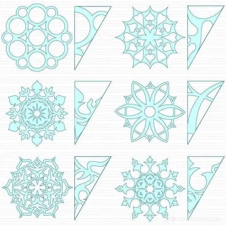 The image displays a grid of nine intricate, light blue snowflake designs on a white background, arranged in three rows of…