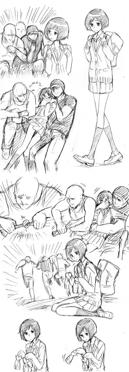 A black-and-white anime sketch compilation shows a girl in a school uniform walking calmly while men in tank tops struggle…