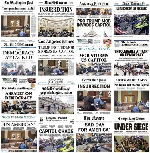 A collage of newspaper front pages from various U.S. cities, all featuring dramatic headlines about the January 6 Capitol…