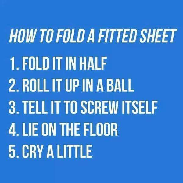 A solid blue background displays white text listing a humorous, absurd five-step guide titled 'HOW TO FOLD A FITTED SHEET'…