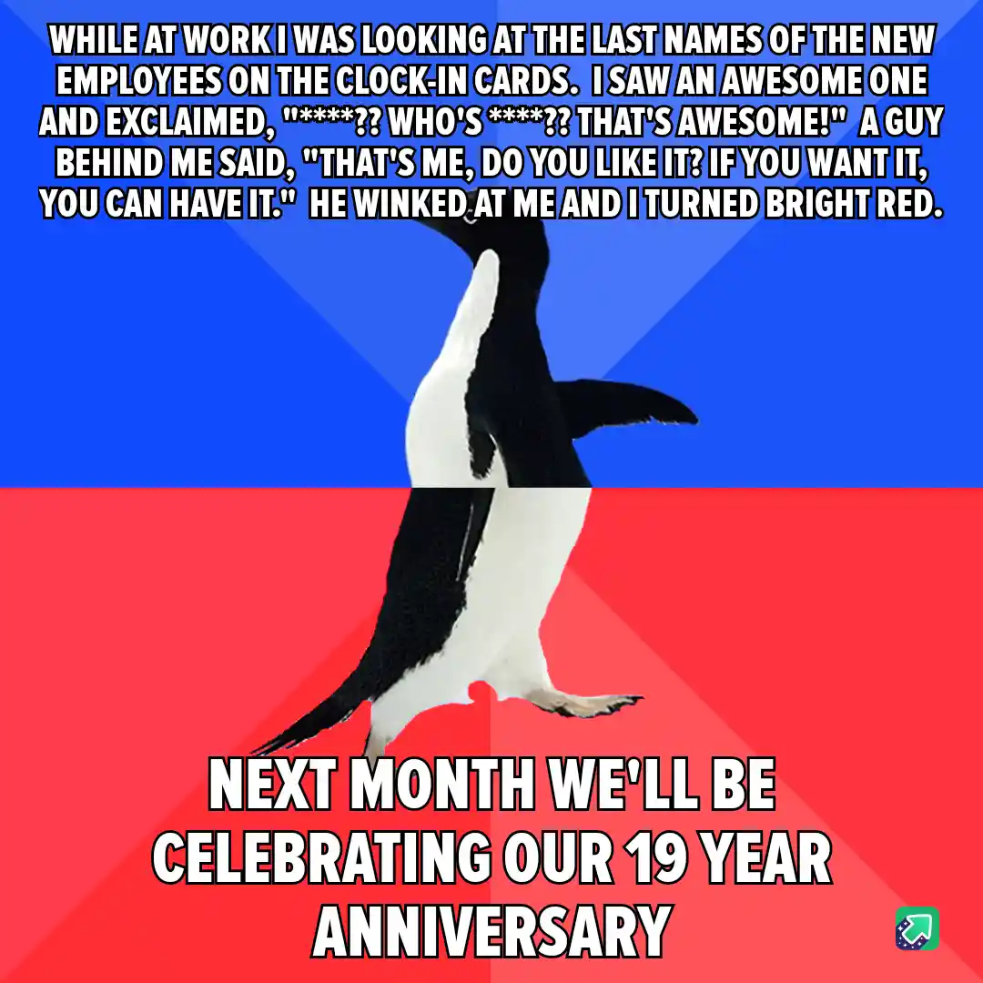 A penguin stands centered against a split blue and red background. The top text describes a workplace scenario where the…