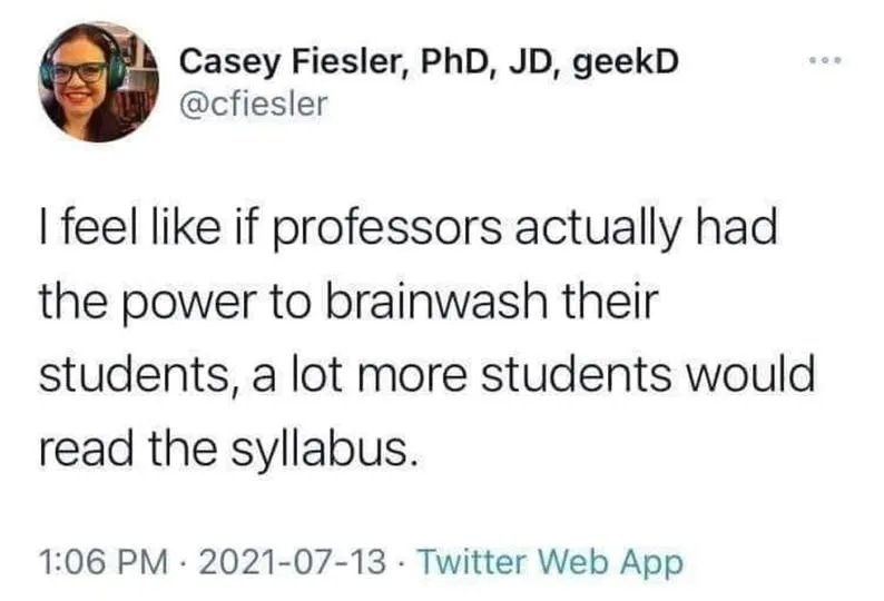 A screenshot of a tweet by Casey Fiesler, PhD, JD, geekD, showing her profile picture and the text: 'I feel like if…