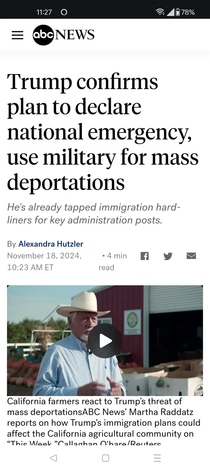 A screenshot of an ABC News article from November 18, 2024, with the headline 'Trump confirms plan to declare national…