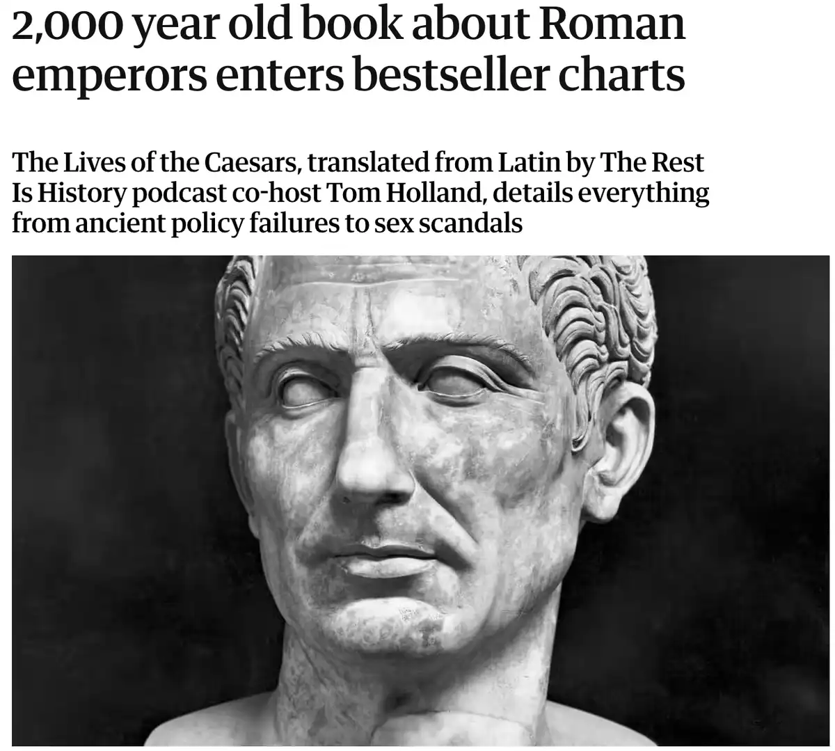 A black-and-white photo of a Roman marble bust with a stern, slightly squinting expression. Overlaid text reads: '2,000 year…