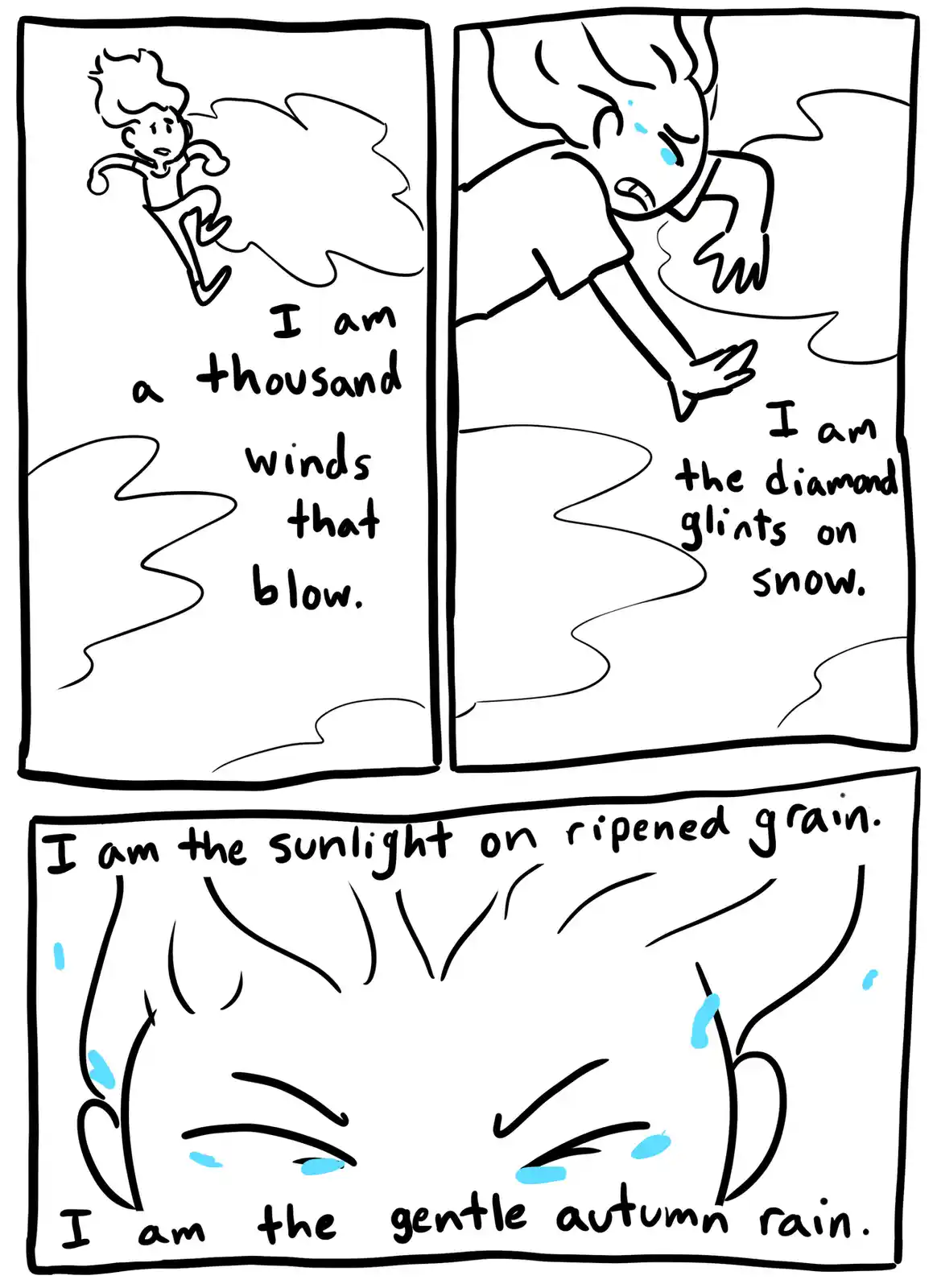 A three-panel comic strip shows a cartoon character progressively more distressed as they recite poetic lines about nature…