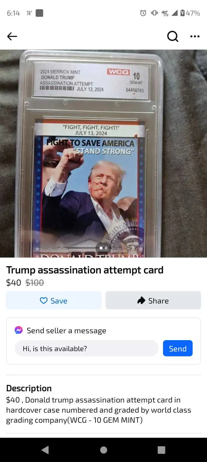 A mock trading card of Donald Trump, depicting him with a visible injury and the text 'ASSASSINATION ATTEMPT JULY 13, 2024'…