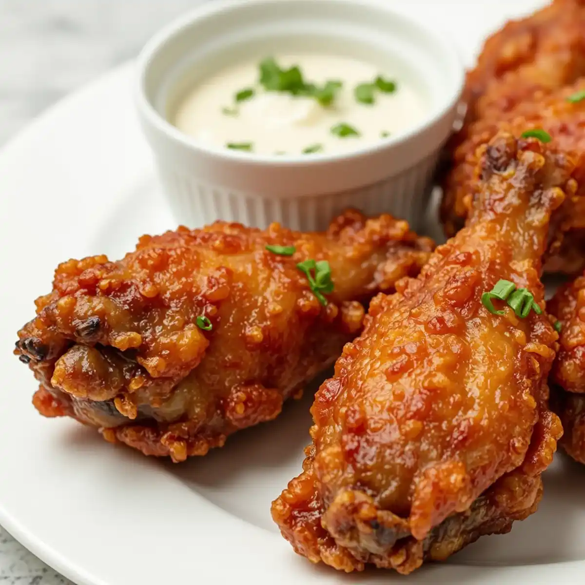 A close-up photo of several crispy, saucy fried chicken wings on a white plate, accompanied by a small white ramekin of…