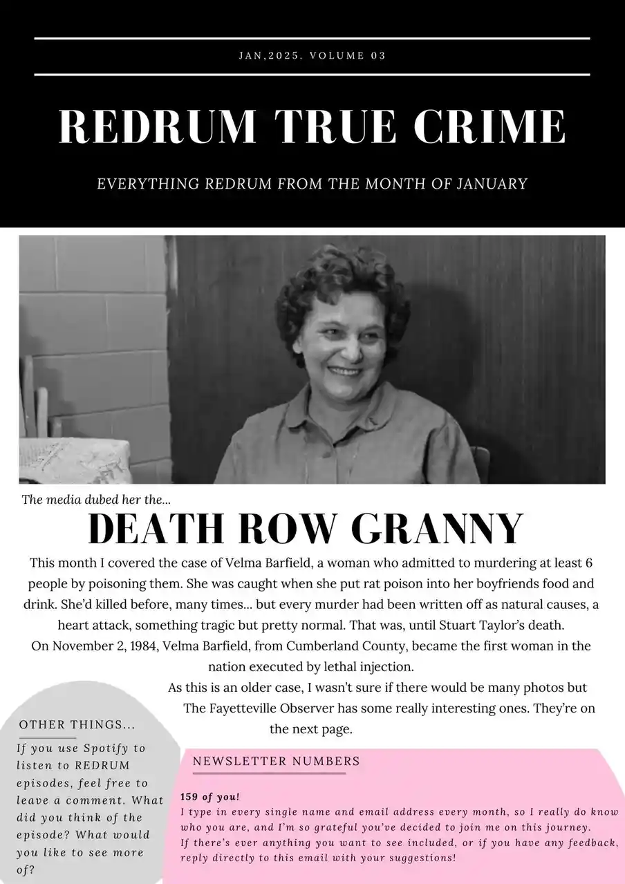 A black-and-white image of a smiling woman is overlaid with text mimicking a true crime newsletter. The header reads 'REDRUM…