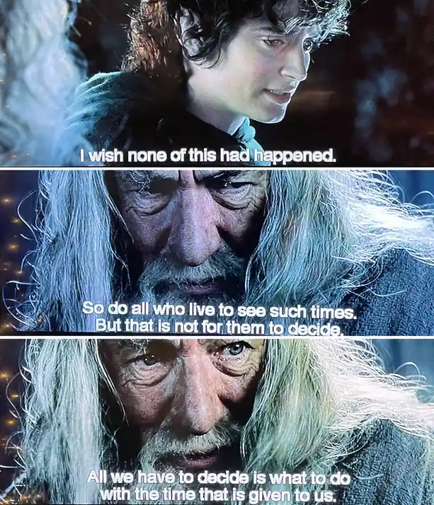 A three-panel meme from 'The Lord of the Rings' showing Frodo looking sad, then Gandalf speaking solemnly. The text overlays…