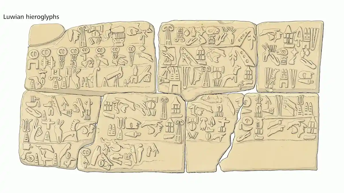 The image displays six beige stone tablets arranged in two rows, each engraved with intricate, stylized pictographic symbols…