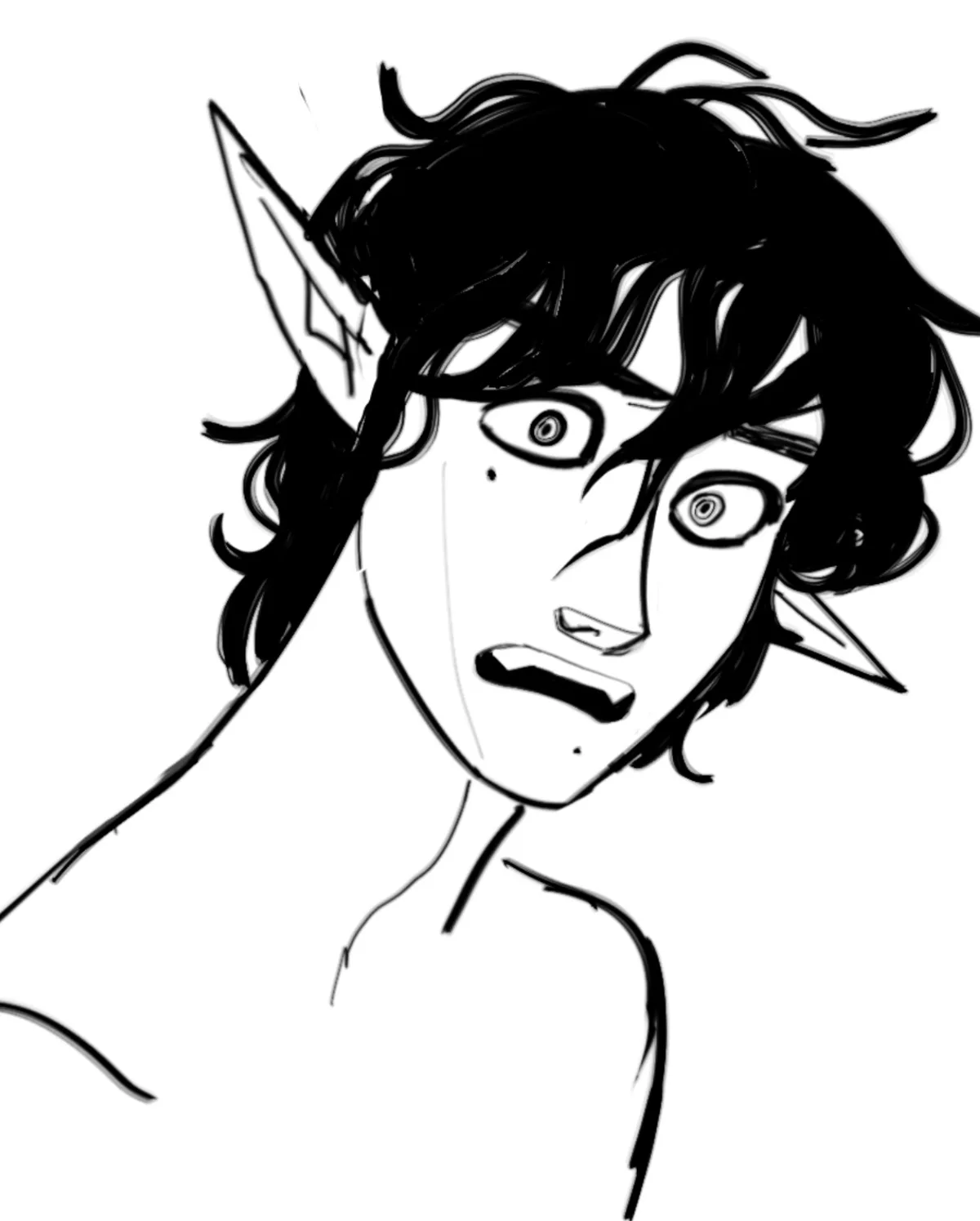 A black-and-white sketch of an elf-like character with pointed ears, wild hair, and a shocked, wide-eyed expression. The…