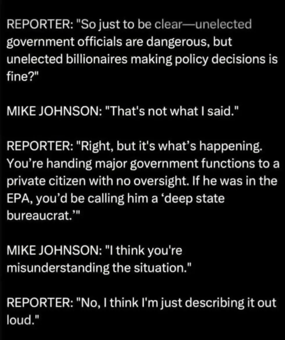 A black background with white text showing a dialogue between a reporter and Mike Johnson. The reporter questions Johnson…