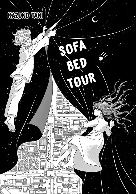 A black-and-white manga panel shows two people floating in space above a cityscape, holding onto the edges of a giant…