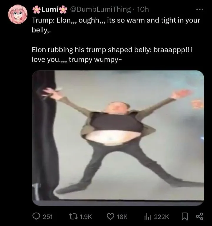 A blurry image of Elon Musk with his arms and legs spread wide, revealing a large belly. Overlaid text reads: 'Trump…