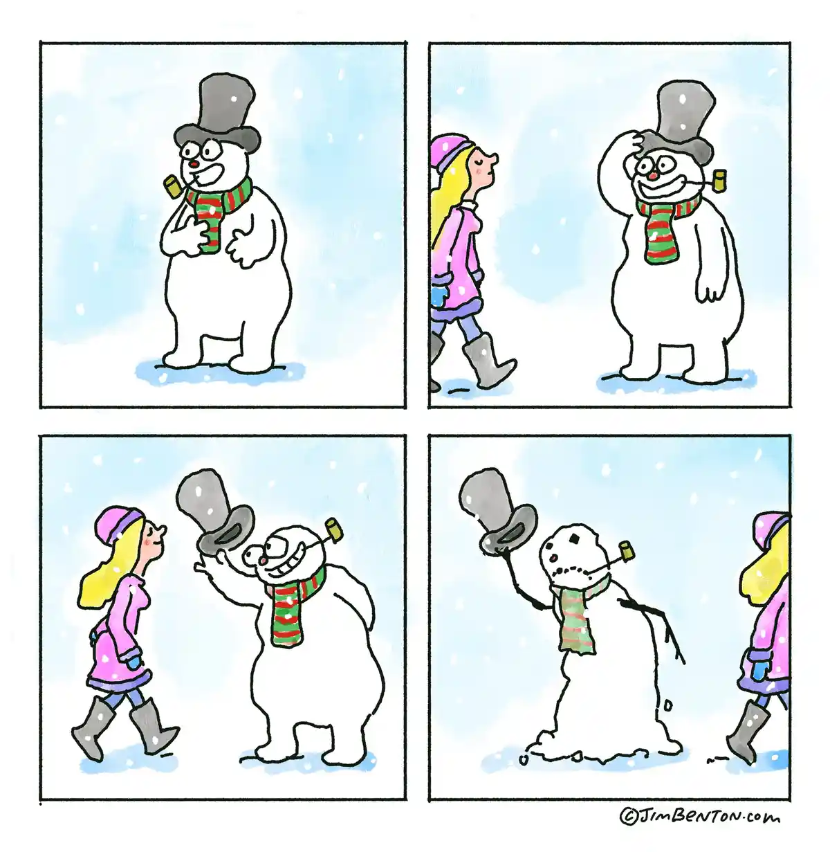 A four-panel comic shows a snowman with a top hat and scarf greeting a girl in a pink coat. He tips his hat, then bows as…
