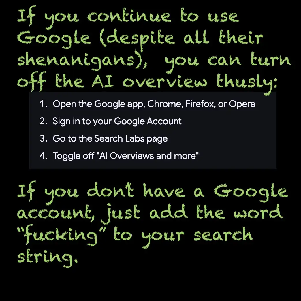 A black background with green handwritten-style text instructs users on how to disable Google's AI overview feature. It…