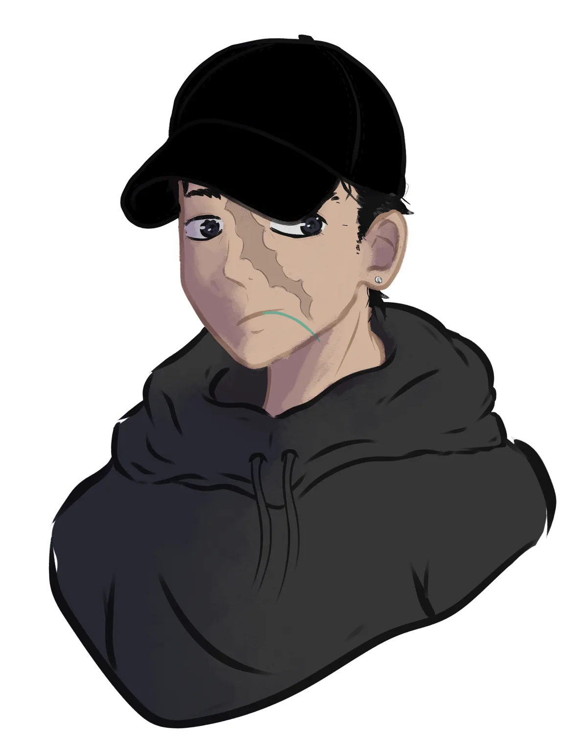 An anime-style illustration of a young man wearing a black baseball cap and a black hoodie, looking sideways with a tired…