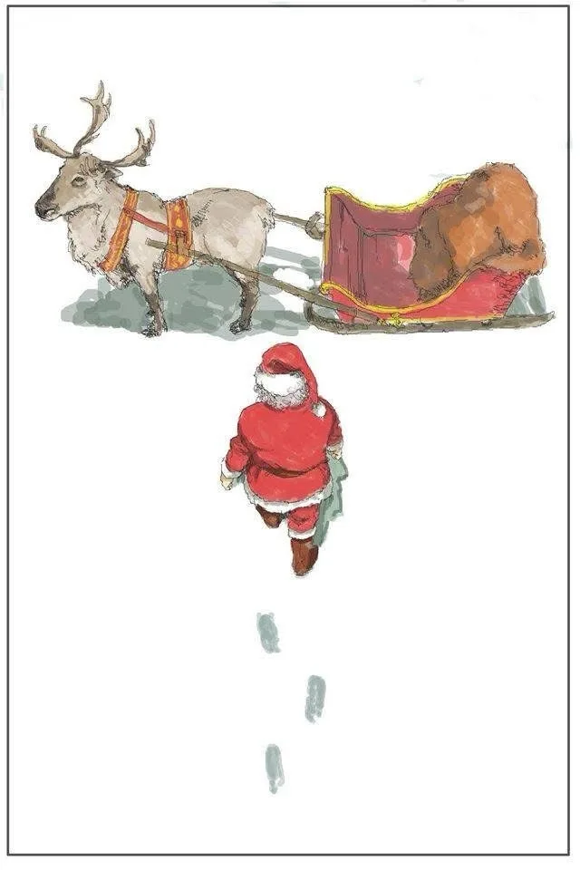 A watercolor-style illustration shows Santa Claus walking away from the viewer, trailing footprints in the snow, while a…