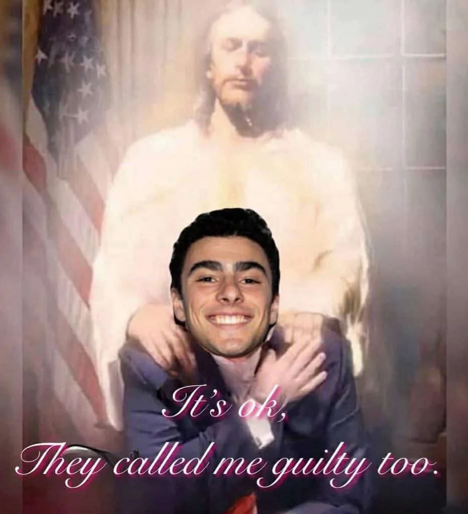 A man in a suit smiles while being embraced from behind by a glowing, translucent image of Jesus Christ. An American flag is…