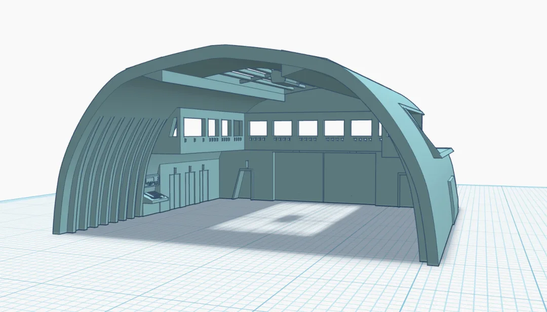 a 3d rendered model of a large, arched, bunker-like structure with windows and doors, set on a grid floor. The overlaid text…