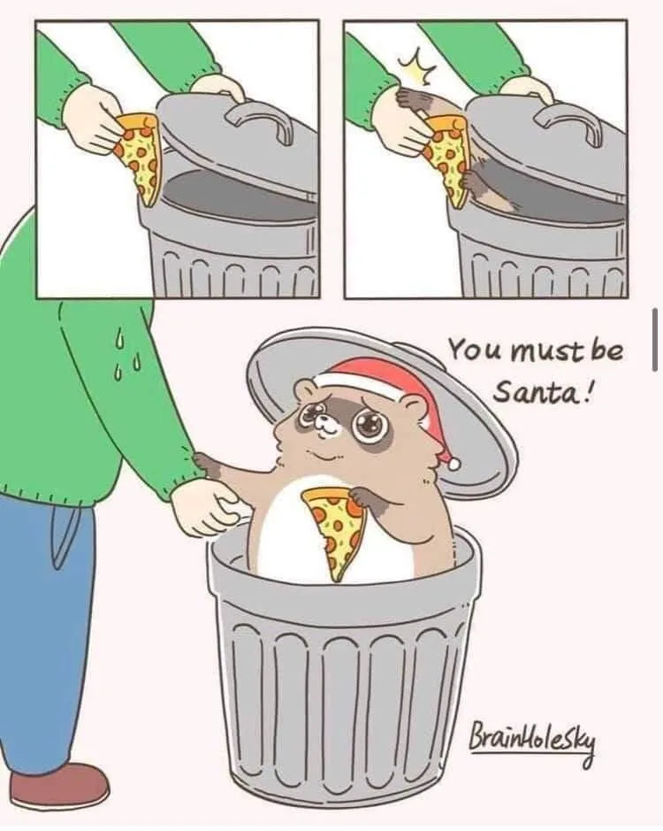 A comic strip shows a person in a green sweater dropping a pizza slice into a trash can. In the top panels, a small brown…