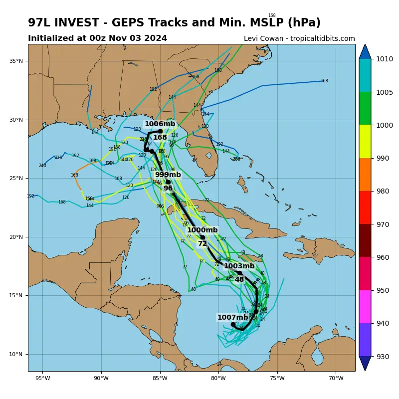 A weather map showing multiple forecast tracks for a tropical system labeled '97L INVEST' over the Atlantic and Caribbean…