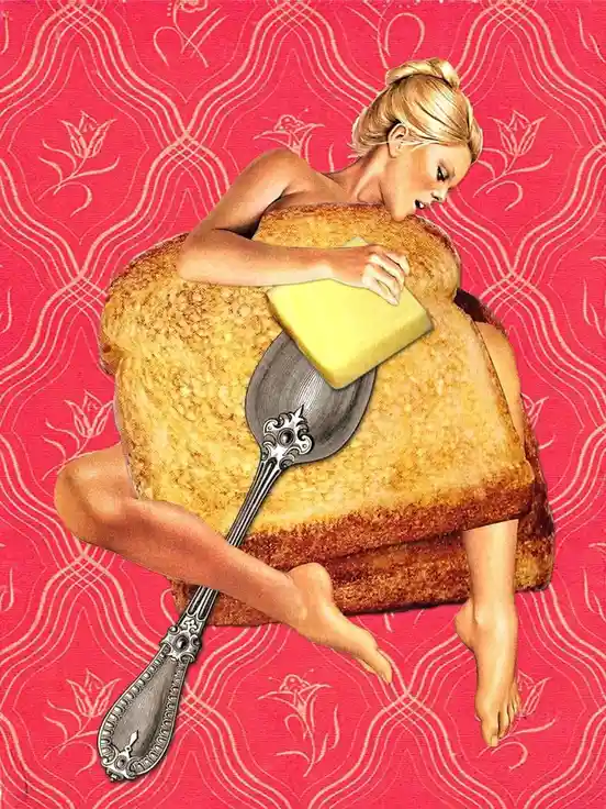 A blonde woman with her hair in a bun is depicted lying on a bed of two slices of toasted bread, holding a pat of butter. A…